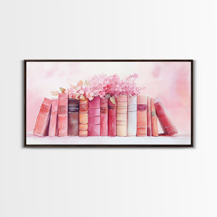 Vintage Book Stack Canvas Print | Botanical Pastel Wall Art | Cottagecore Library Decor | Feminine Reading Room Artwork | Gift Idea for Her