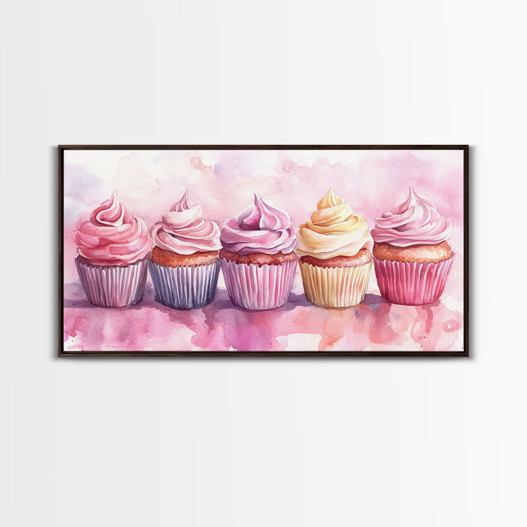 Cupcake Row Canvas Print | Whimsical Sweet Treats Wall Art | Kitchen Dessert Artwork | Pastel Food Lover's Decor | Light Pink Whimsical Art