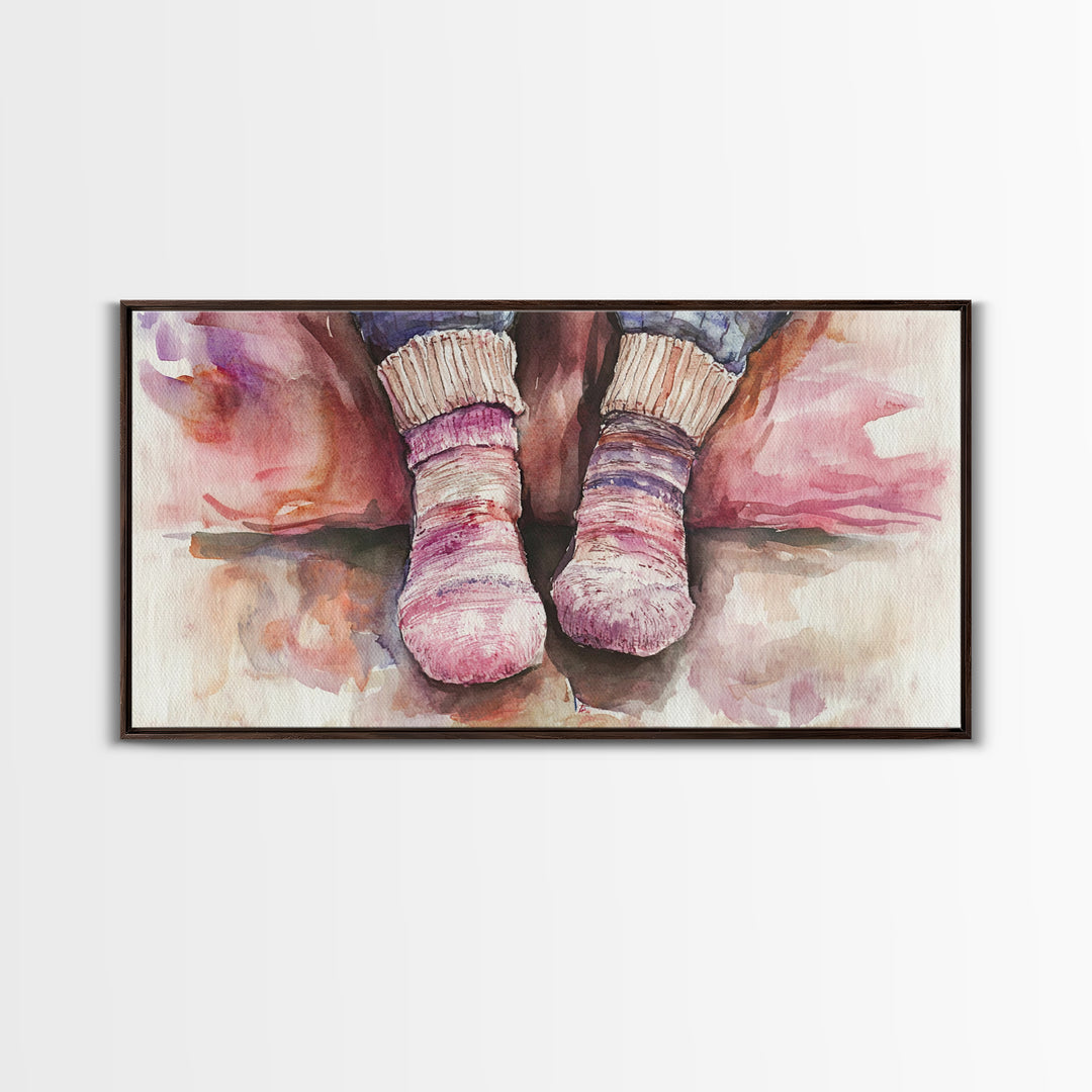 Cozy Socks Canvas Print, Rustic Light Pink and Warm Toned Painting, Whimsical Art as Fall Decor for Bedroom or Lounge Area