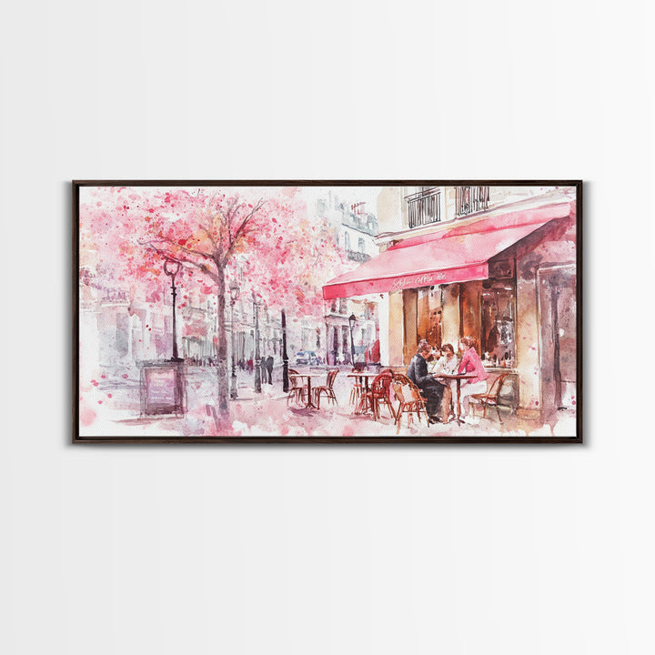 Parisian Café Scene Framed Canvas Print, Cherry Blossom Painting, European Street Art, Romantic Wall Art, Living Room Decor