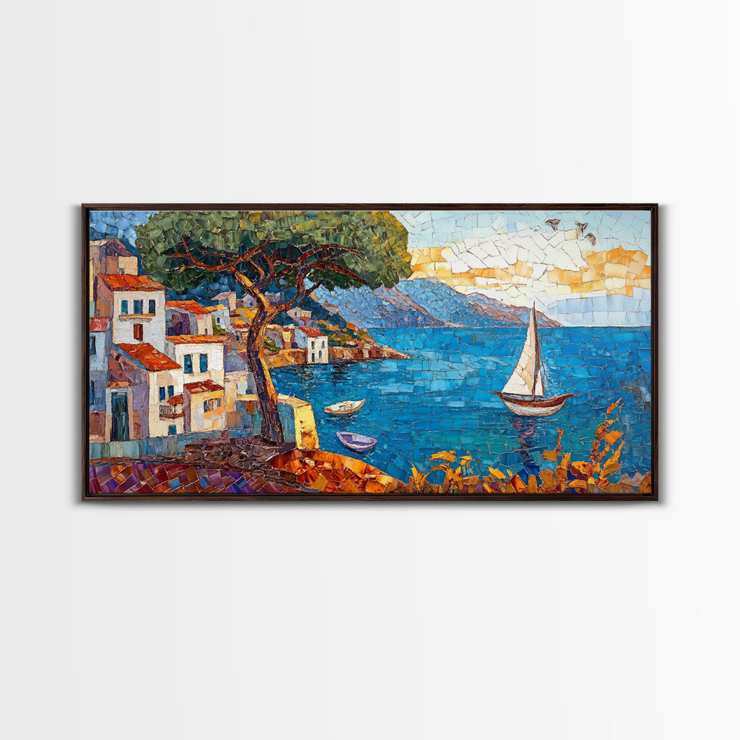 Coastal Sailboat Scene Mosaic Canvas Print - Nautical Decor Seascape Painting - Rustic Fall Wall Art Above Sofa Coastal Home Art