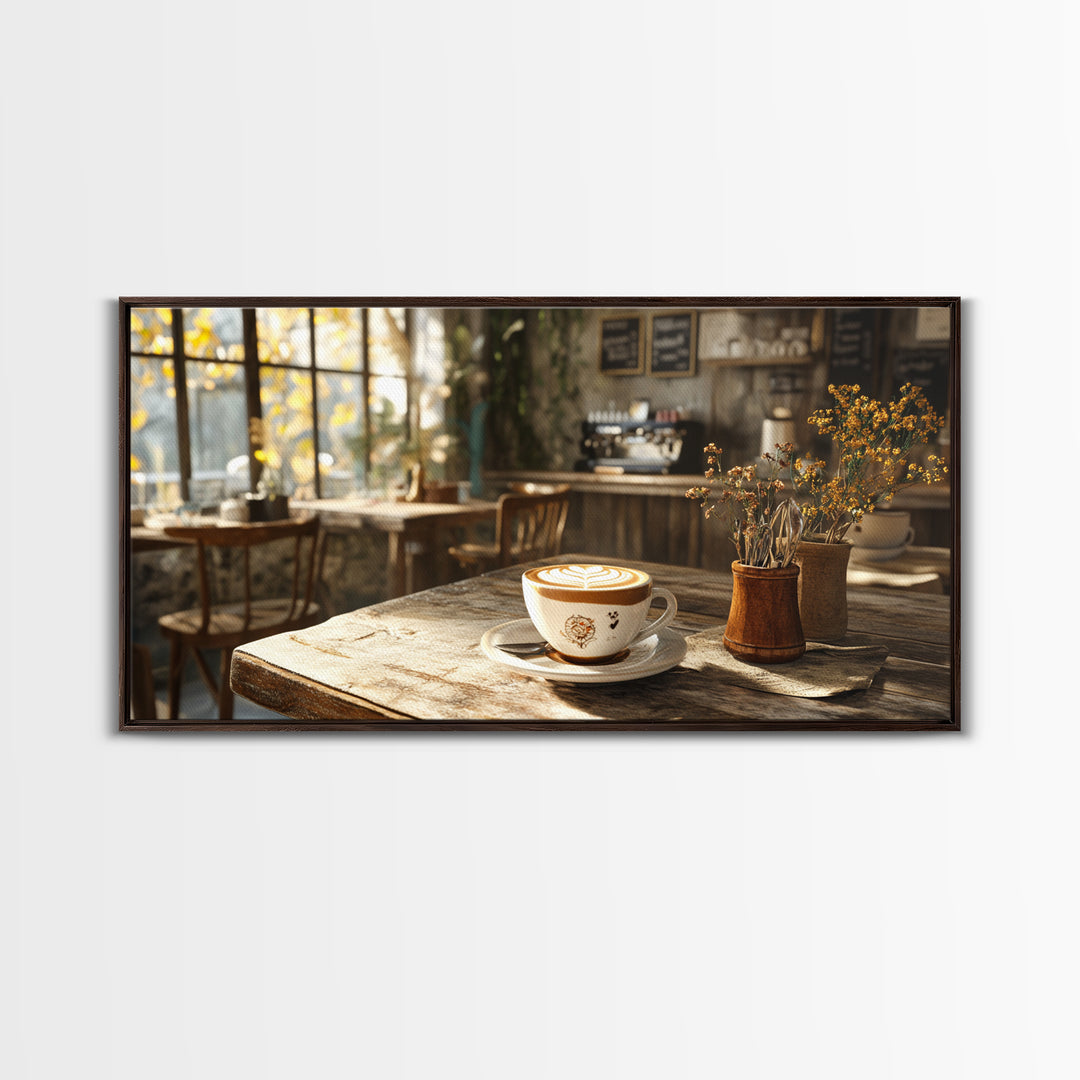 Cozy Cafe Latte Framed Canvas Print - Coffee Wall Art Kitchen Decor - Rustic Farmhouse Style Food Review Art - Gift Idea Her