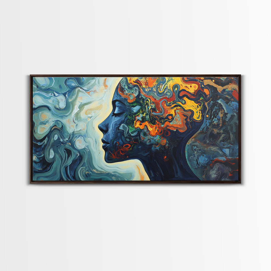 Abstract Woman Mind Framed Canvas Print - Artistic Brain Art Therapy Decor - Blue and Green Geometric Wall Art Minimalist Style