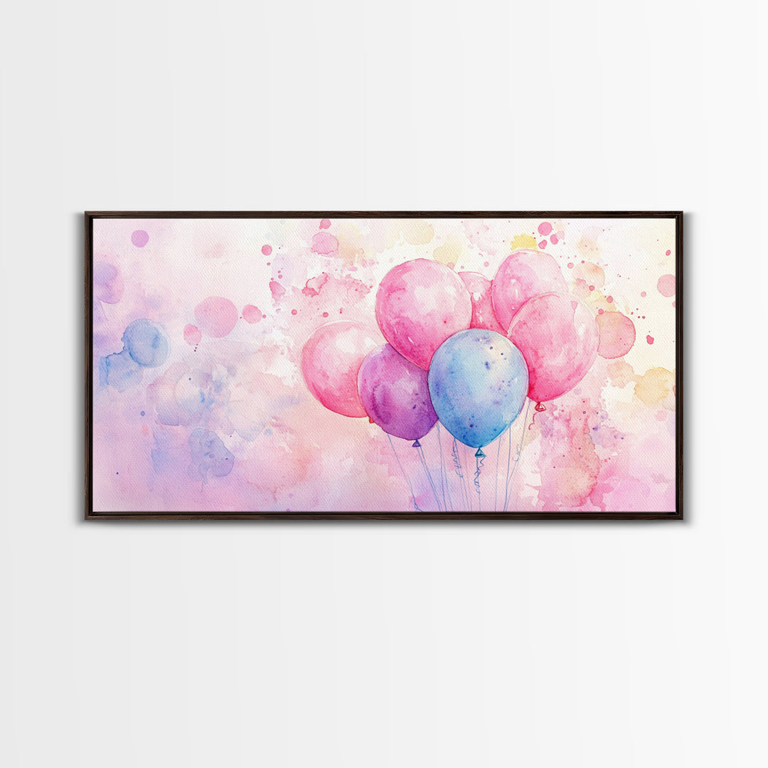 Balloon Cluster Canvas Print | Whimsical Art, Light Pink and Blue Wall Art, Birthday Decor, Pastel Wall Art, Playroom Art, Living Room Decor