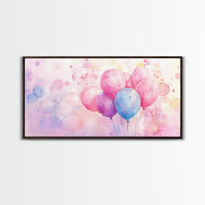 Balloon Cluster Canvas Print | Whimsical Art, Light Pink and Blue Wall Art, Birthday Decor, Pastel Wall Art, Playroom Art, Living Room Decor
