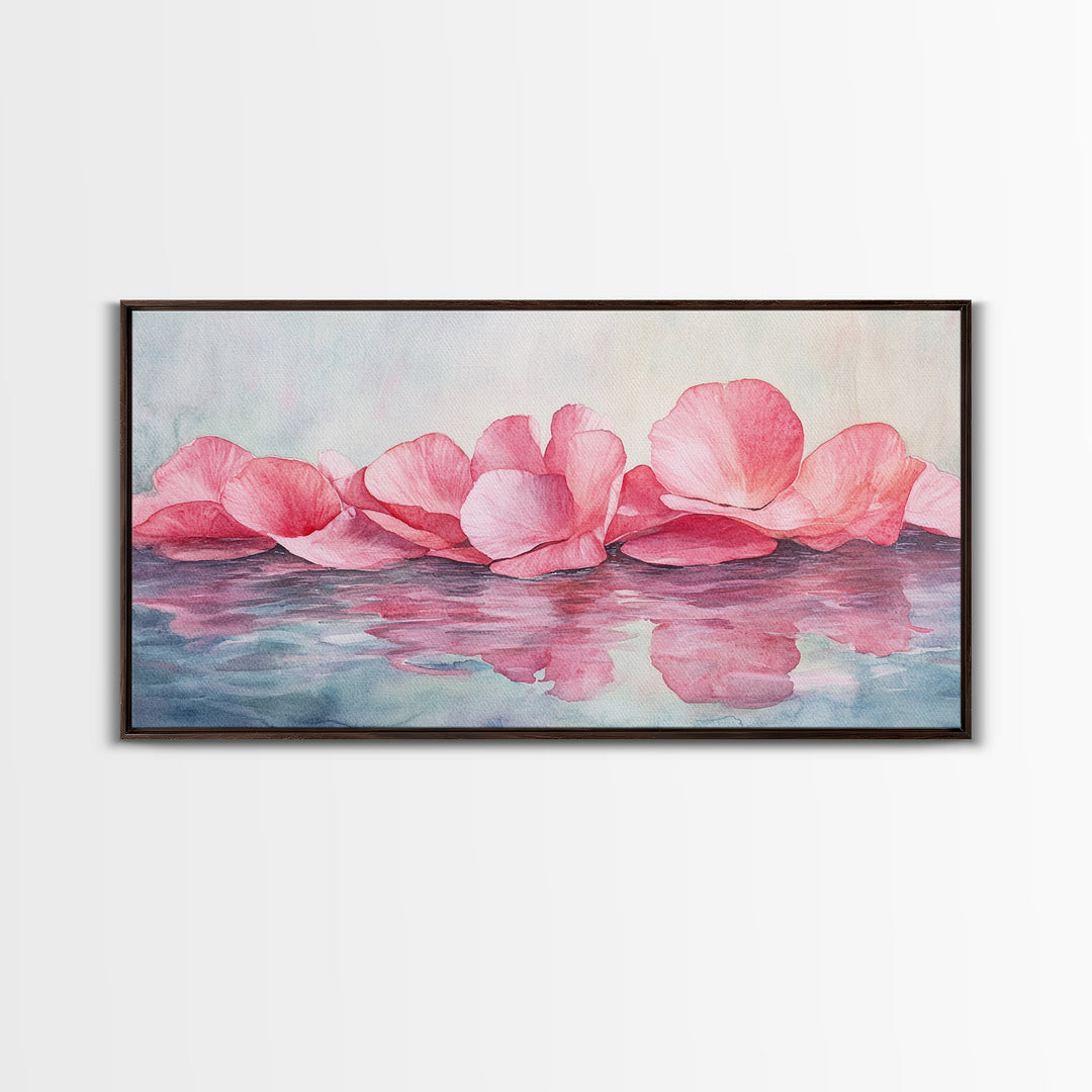 Delicate Rose Petals Reflected in Water Pink Wall Art on Framed Canvas Print, Romantic Bedroom or Living Room Accent Art