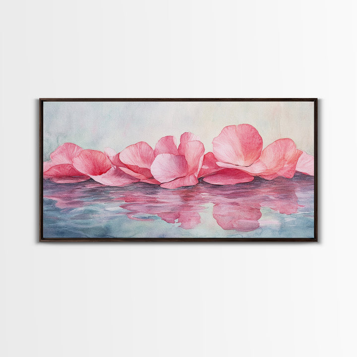 Delicate Rose Petals Reflected in Water Pink Wall Art on Framed Canvas Print, Romantic Bedroom or Living Room Accent Art