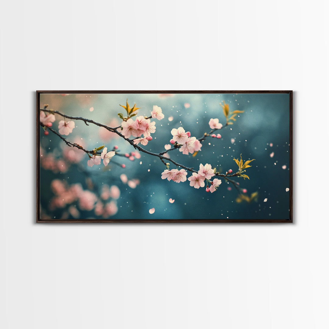 Blossoming Cherry Branch Framed Canvas Print Japanese Style Rustic Decor Great Gift Idea Botanical Prints Beautiful Bedroom Wall Art