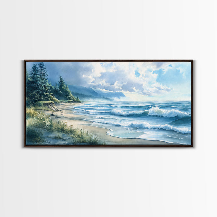 Canvas Print of Misty Coastal Morning Landscape with Rolling Waves, Nautical Wall Art Gift Idea, Serene Coastal Decor