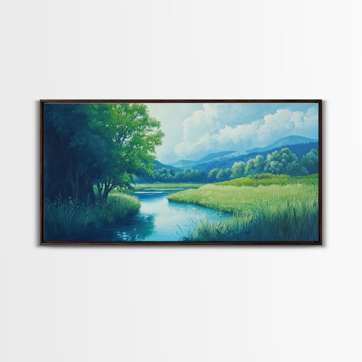 Canvas Print of Serene Green Valley and River Landscape, Rustic Wall Art, Gift Idea for Nature Lovers and Rustic Home Decor