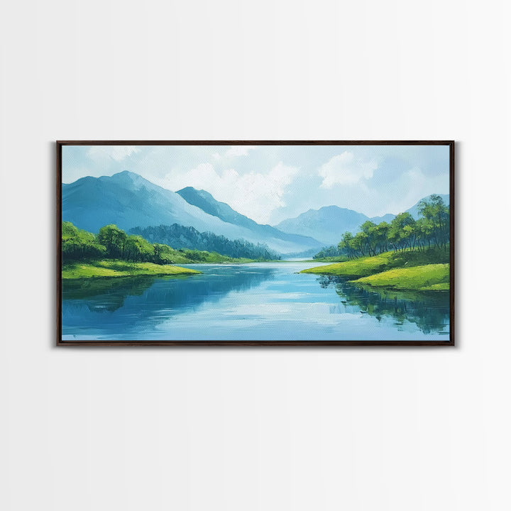 Blue Landscape Framed Canvas Print, Smoky Mountain Art Above Sofa Decor, Coastal Painting Gift Idea Living Room Horizontal Wall Art