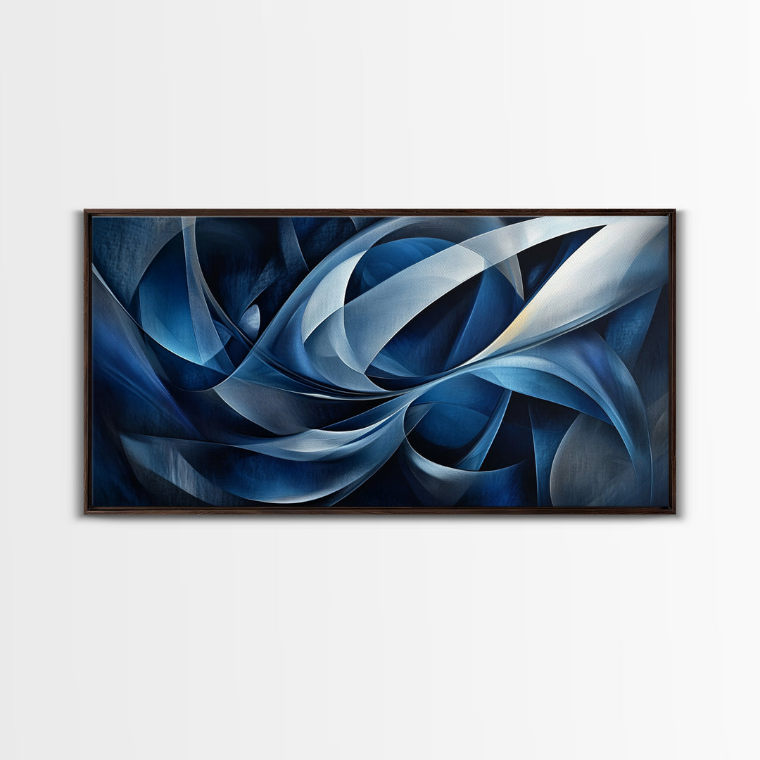 Abstract Blue Swirls Canvas Print, Geometric Wall Art Horizontal Decor, Moody Modern Artwork Gift Idea Living Room Panoramic Art