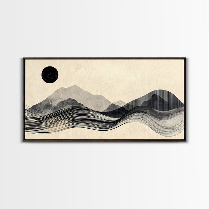 Abstract Mountain Landscape Framed Canvas Print, Wabi Sabi Wall Art Minimalist Decor, Rustic Line Art Idea Bedroom Artwork Vertical Design