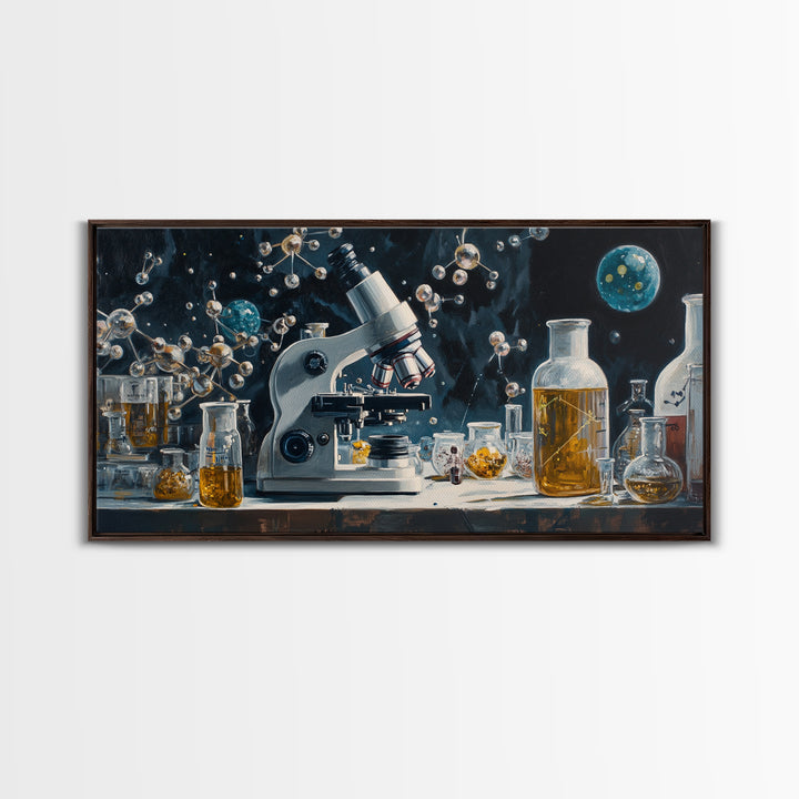 Science Art Framed Canvas Print, Microscope Molecular Wall Decor, Unique Therapy Art, Coastal Modern Living Room Art Gift Idea