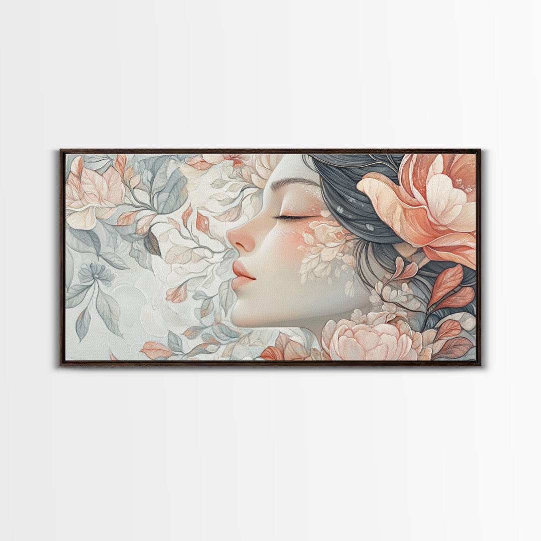 Dreamy Floral Goddess Framed Canvas Print with Light Pink Wall Art and Rose Painting Stunning Bedroom or Living Room Accent