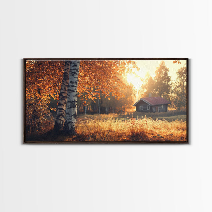 Cozy Autumn Cabin Framed Canvas Print with Fall Landscape Painting and Farmhouse Art Above Couch Art Living Room Rustic Decor