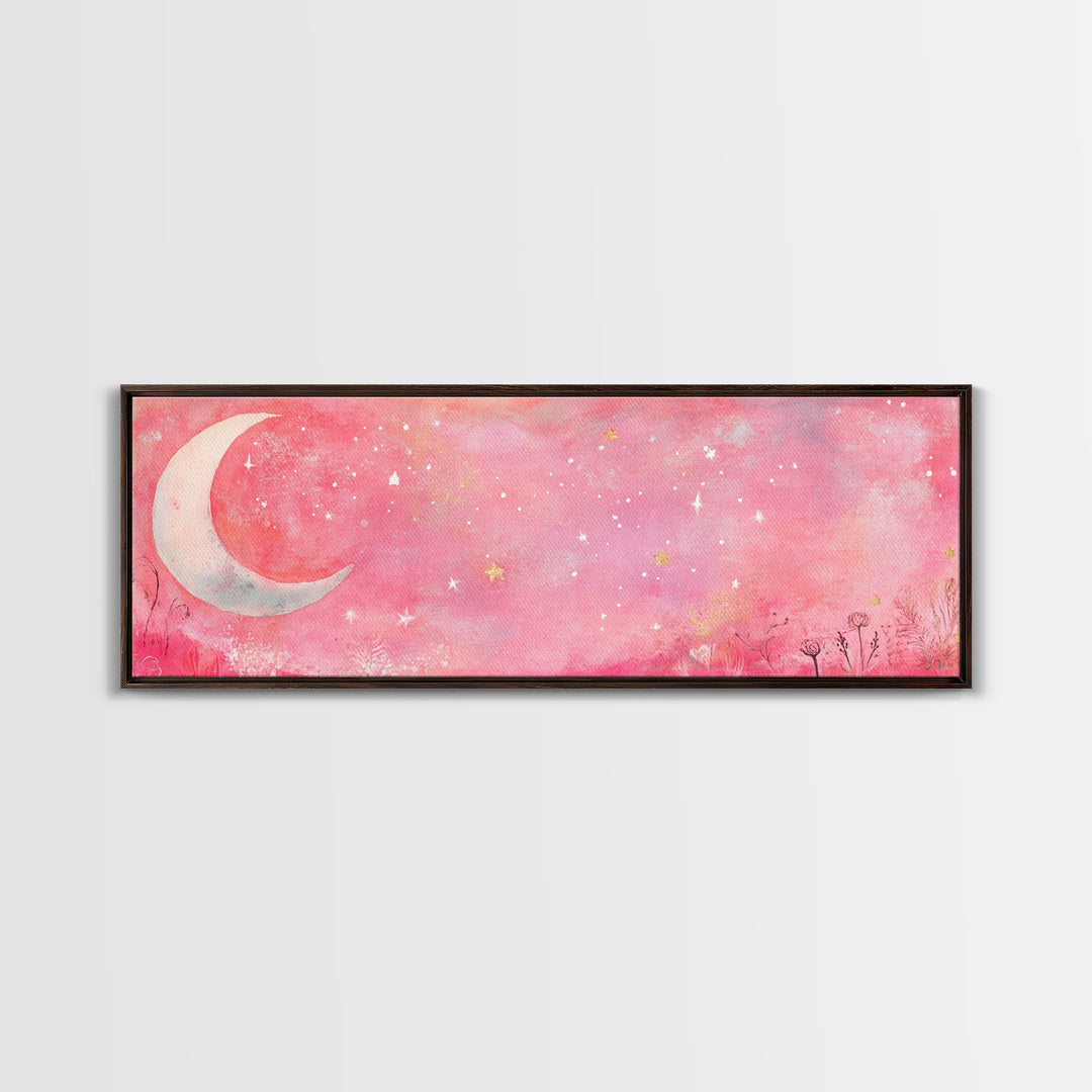 Crescent Moon Painting Canvas Print with Whimsical Starry Sky, Pink Wall Art for Living Room or Guest Room, Dreamy Decor