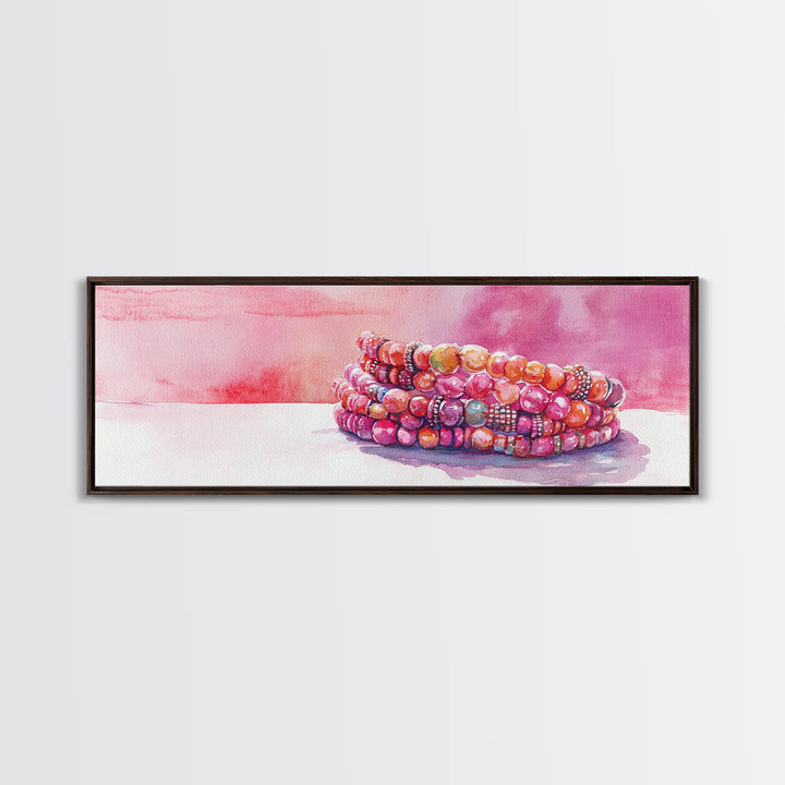 Beaded Bracelet Painting Canvas Print Featuring Whimsical Jewelry, Pink Orange Wall Art Ideal Bedroom or Dressing Room Art