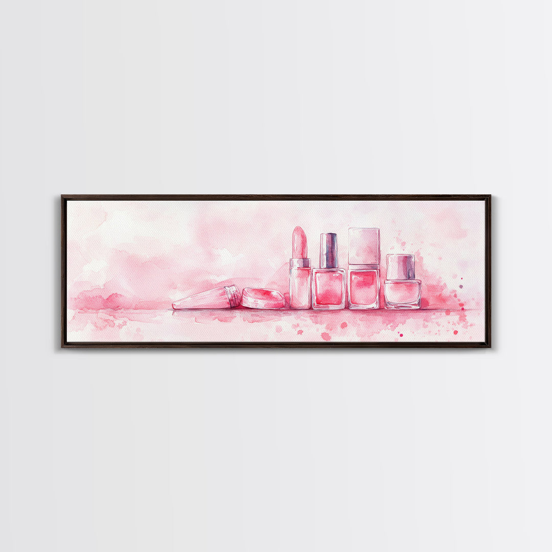 Makeup Art Canvas Print Featuring Lipstick and Nail Polish, Pink Abstract Wall Art for Bedroom or Bathroom Decor, Feminine Gift