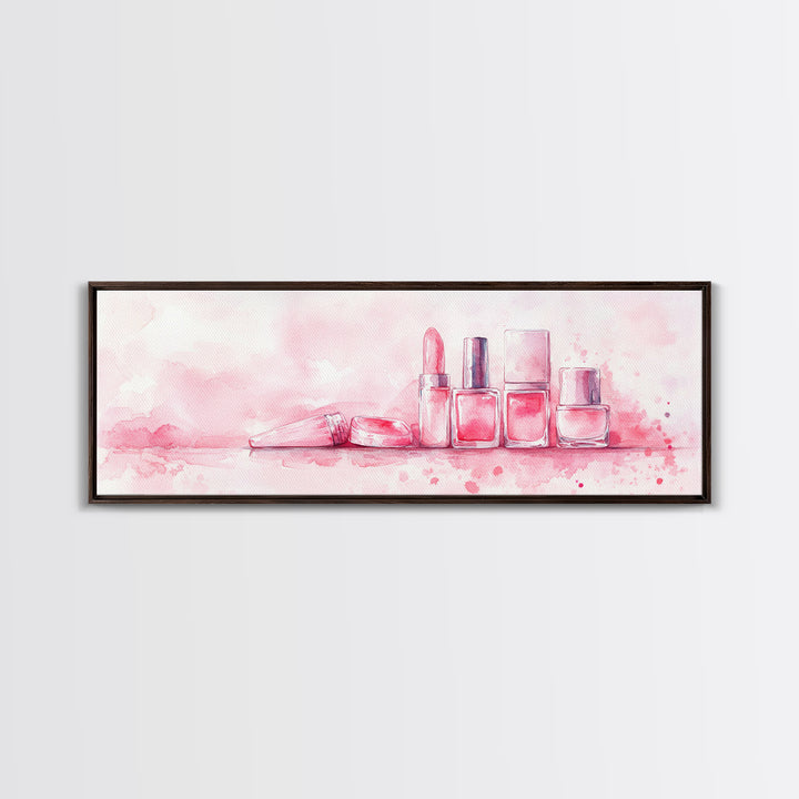 Makeup Art Canvas Print Featuring Lipstick and Nail Polish, Pink Abstract Wall Art for Bedroom or Bathroom Decor, Feminine Gift