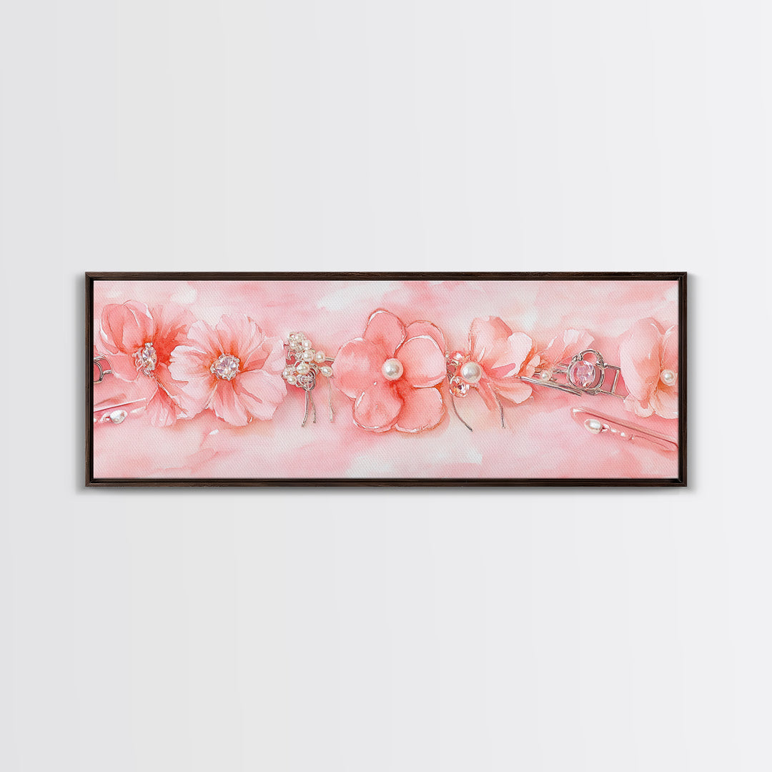 Cherry Blossom Canvas Print with Delicate Pearl Accents, Romantic Light Pink Wall Art for Bedroom or Coastal Wedding Decor