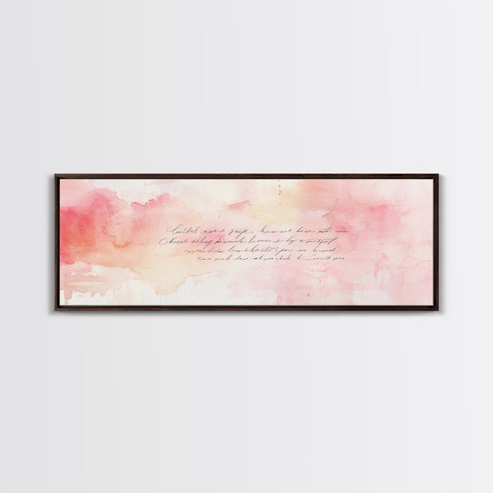 Romantic Calligraphy Canvas Print with Pink Abstract Art, Minimalist Wabi Sabi Aesthetic, Bedroom or Living Room Horizontal Wall Art