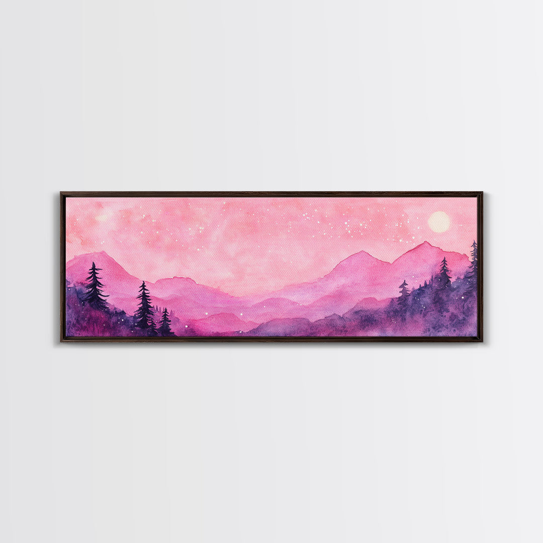 Mountain Landscape Art Framed Canvas Print in Light Pink Hues with Starry Sky, Bedroom or Living Room Artwork, Rustic Decor Painting