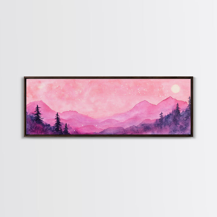Mountain Landscape Art Framed Canvas Print in Light Pink Hues with Starry Sky, Bedroom or Living Room Artwork, Rustic Decor Painting