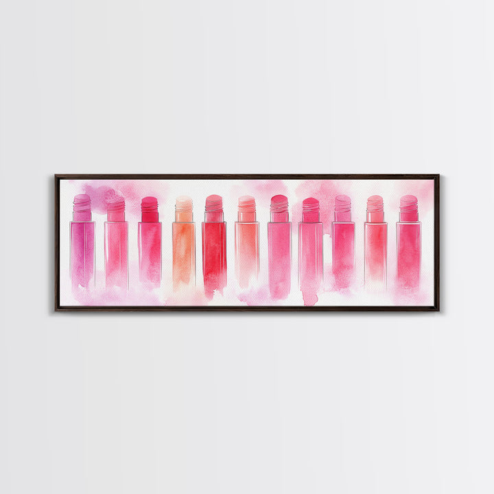 Pink Abstract Art Framed Canvas Print Featuring Lip Gloss Collection, Feminine Living Room Artwork, Boho Dorm Decor Gift Idea