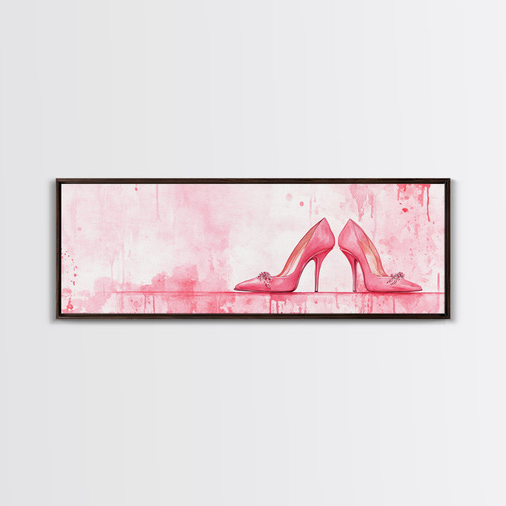 Light Pink Wall Art Framed Canvas Print Featuring Elegant High Heels, Feminine Bedroom Decor, Fashion Artwork Above Bed Idea
