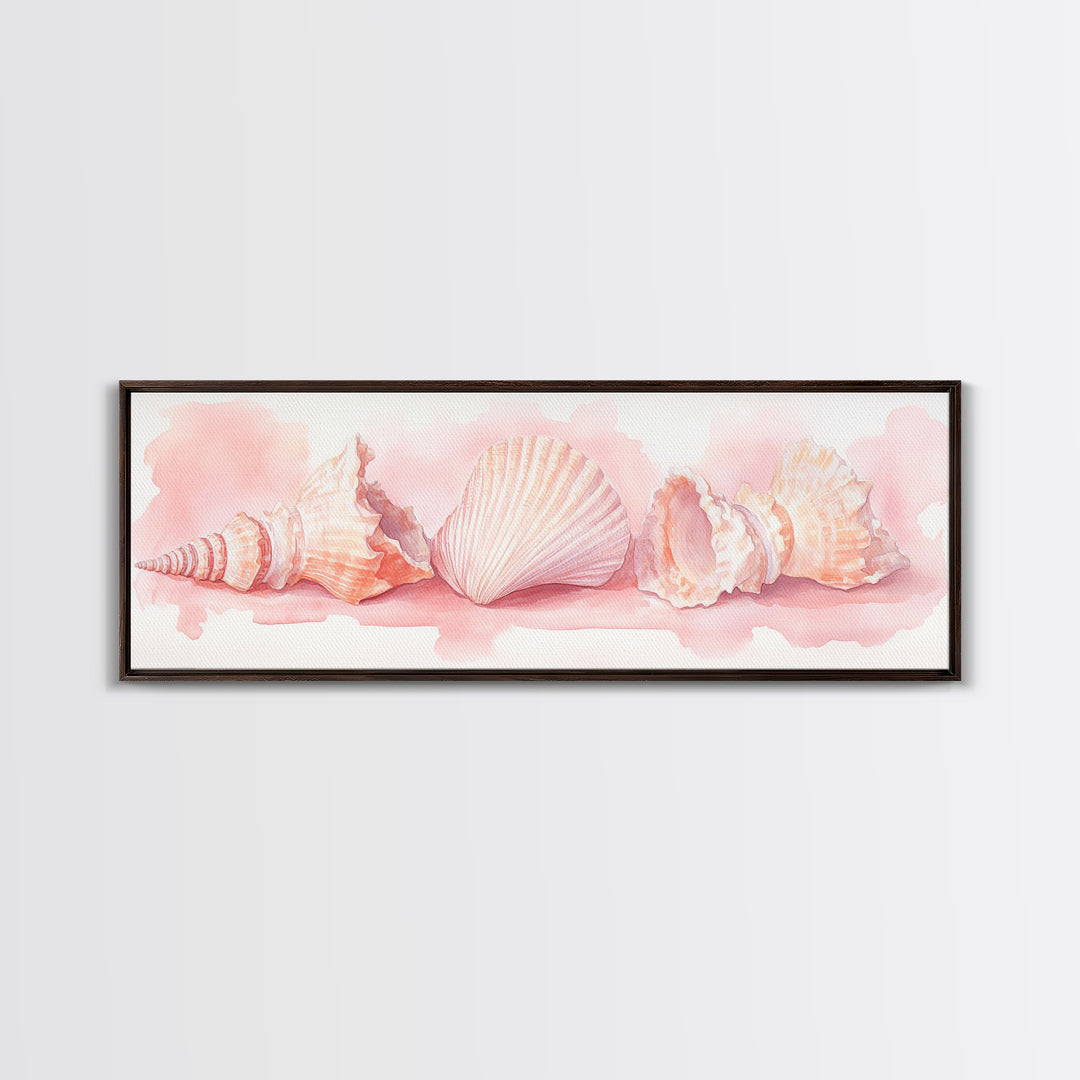 Shell Painting Framed Canvas Print Featuring Coastal Shells in Pastel Pink, Nautical Decor Idea, Horizontal Coastal Artwork