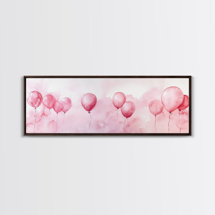 Balloon Painting Framed Canvas Print in Pastel Pink Hues, Whimsical Horizontal Artwork, Light Pink Wall Art for Living Room Decor