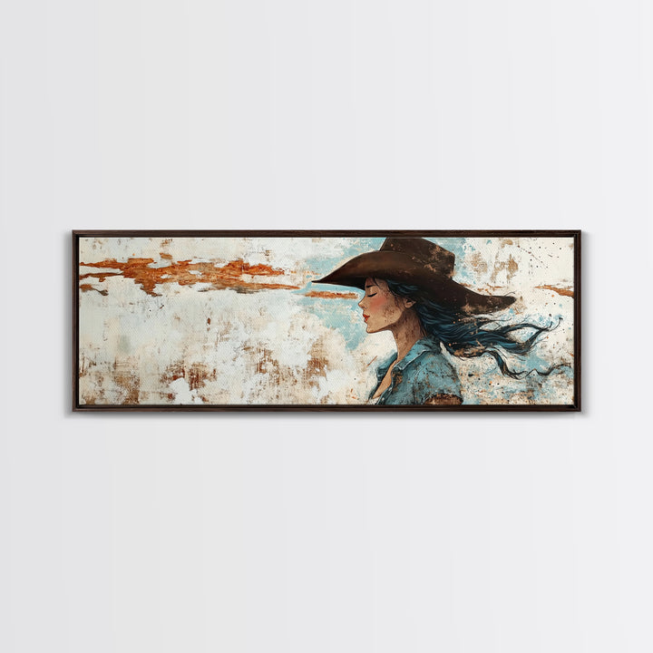 Blue Cowgirl Canvas Print Rustic Western Painting Farmhouse Art Wabi Sabi Artwork Guest Room Decor Extra Wide Wall Art