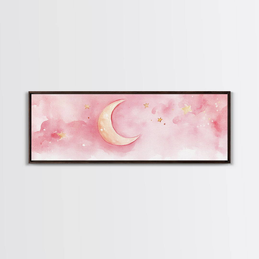 Crescent Moon with Stars Painting, Canvas Print, Light Pink Whimsical Wall Art, Nursery Aesthetic Artwork, Minimalist Cozy Decor
