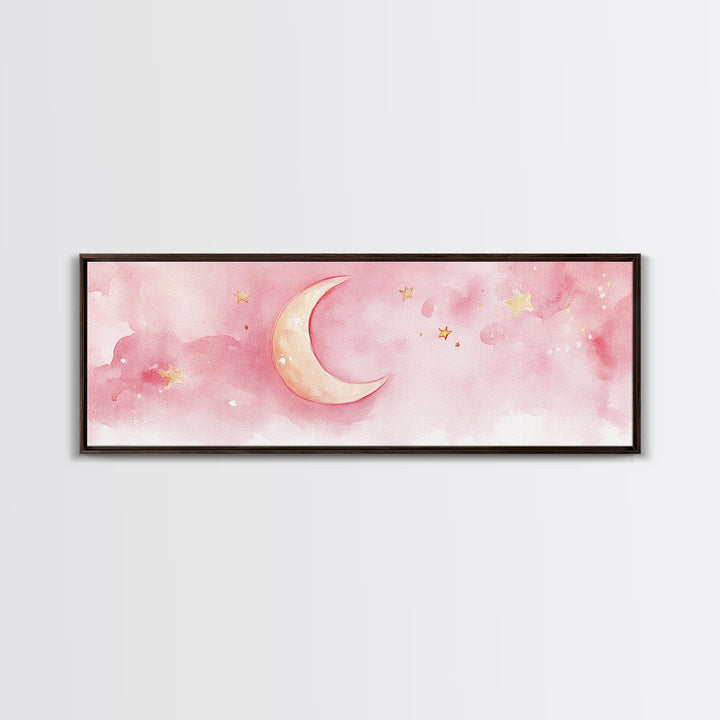 Crescent Moon with Stars Painting, Canvas Print, Light Pink Whimsical Wall Art, Nursery Aesthetic Artwork, Minimalist Cozy Decor