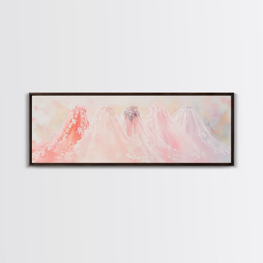 Bridal Veil Light Pink Wall Art Framed Canvas Print Horizontal Wedding Rustic Decor Extra Wide Artwork Bedroom Art