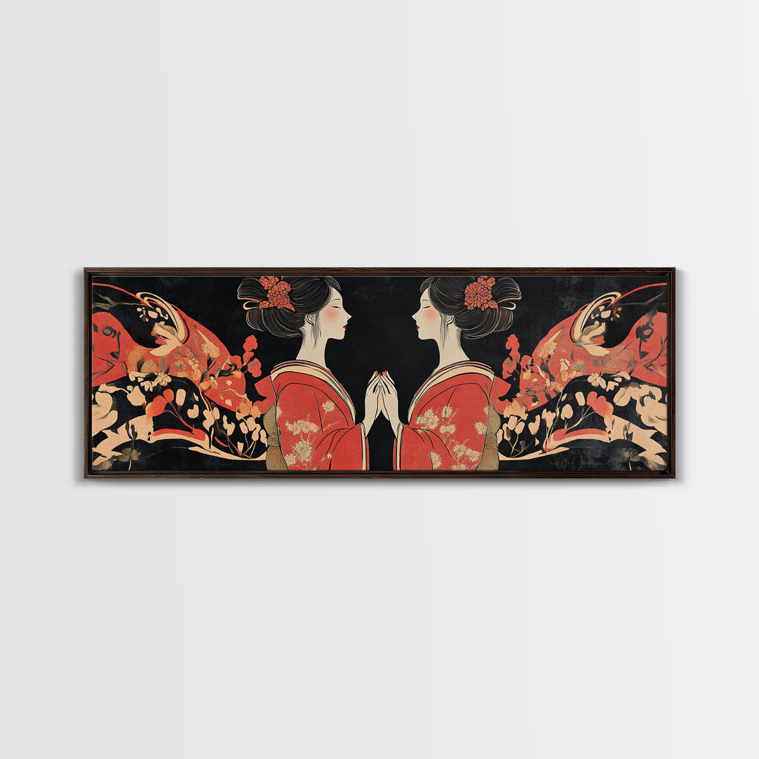 Elegant Geisha Framed Canvas Print Chinoiserie Art Nouveau Print Japanese Zen Art Gift Idea for Her Bedroom Living Room Wall Decor