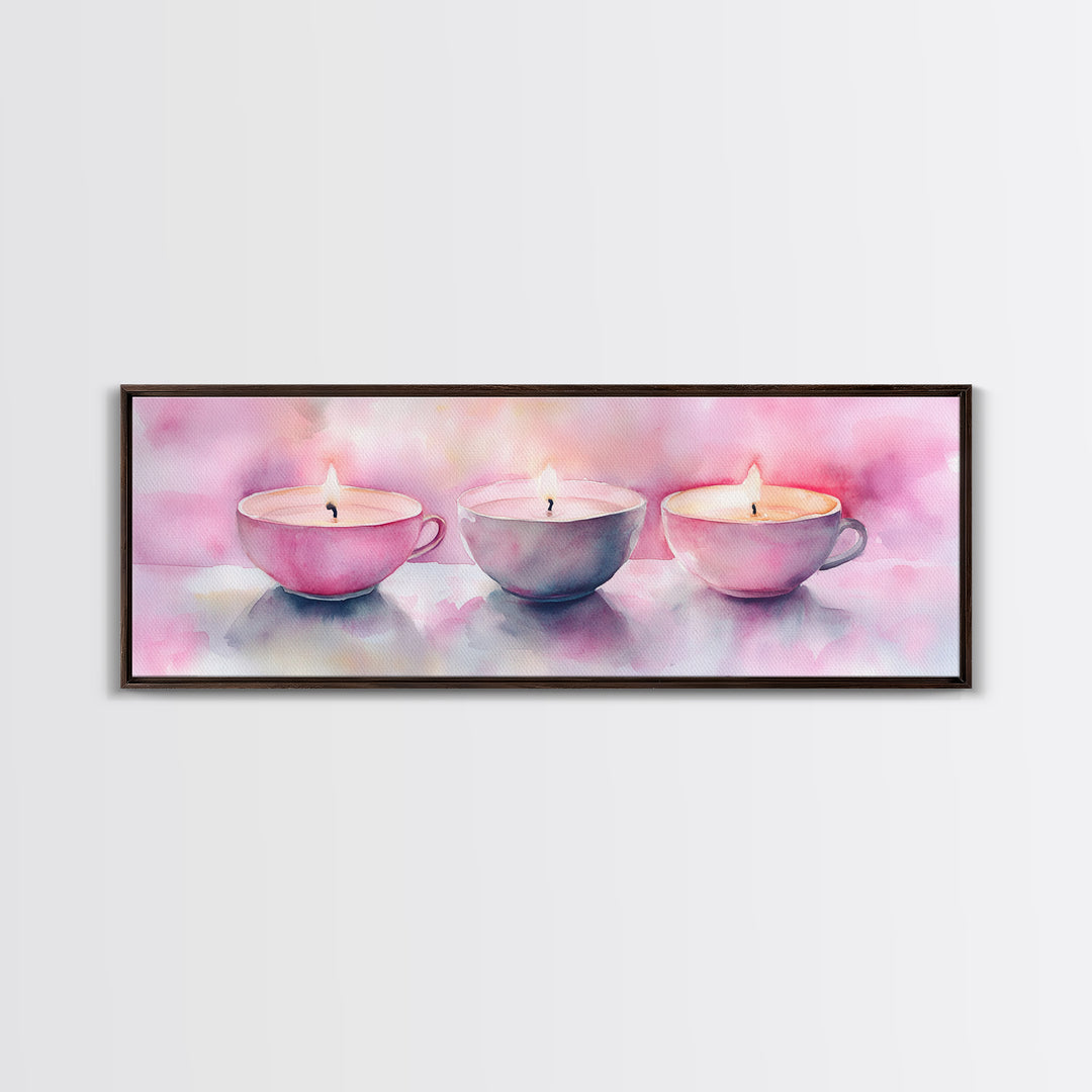 Candlelight Framed Canvas Print, Cozy Pastel Teacup Candles Art, Light Pink Wall Decor, Bedroom or Dining Room Whimsical Artwork