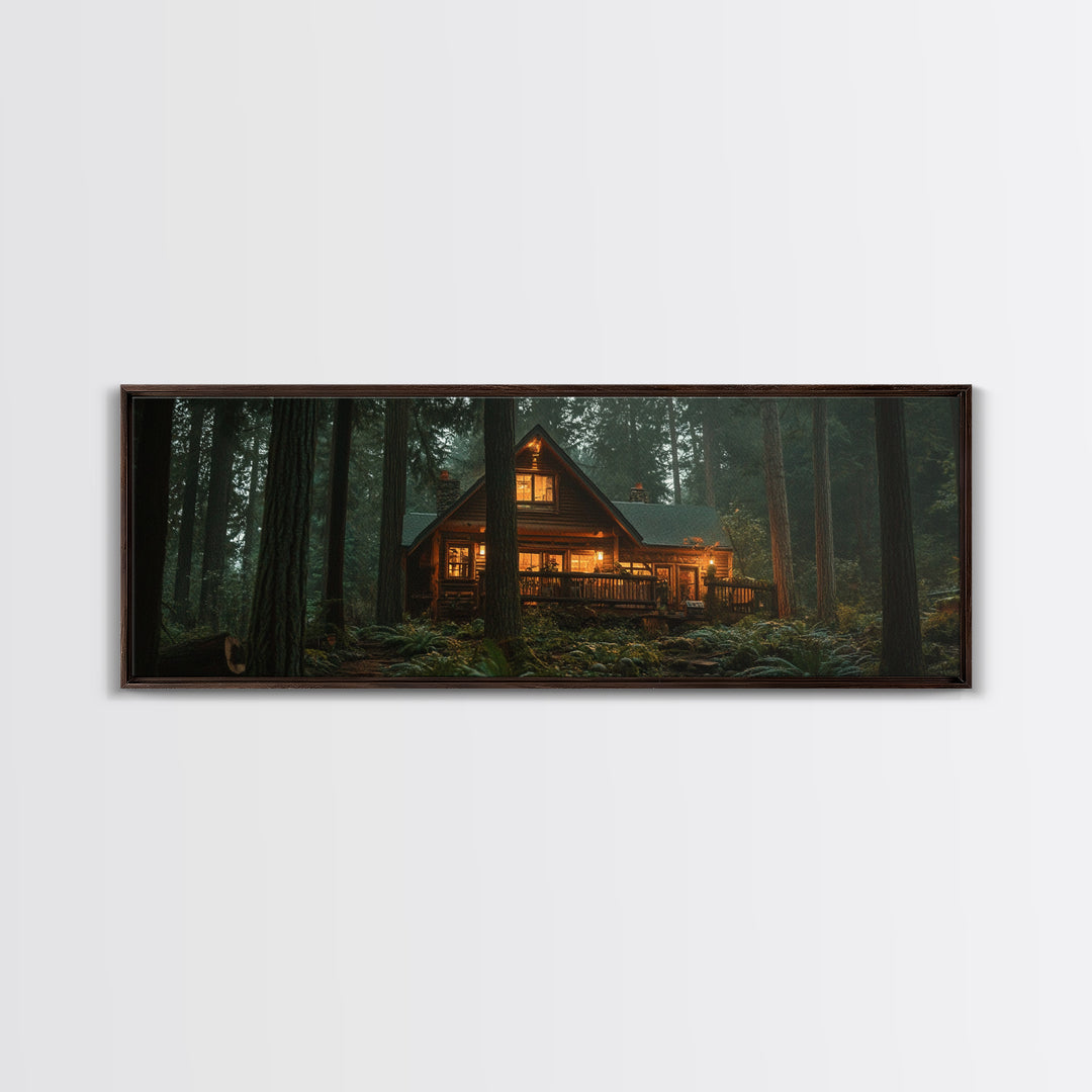 Warm Forest Cabin Framed Canvas Print, Rustic Decor Wall Art, Cozy Woodland Scene Painting, Moody Autumn Landscape, Living Room Art Piece