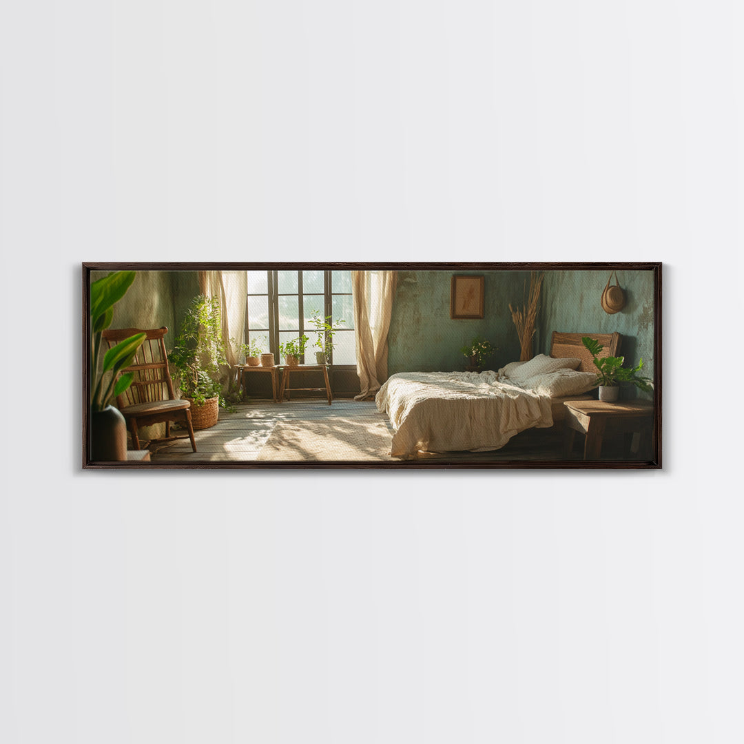 Minimalist Bedroom Serenity Framed Canvas Print, Wabi Sabi Botanical Art, Rustic Farmhouse Bedroom Decor, Light Filled Sage Green Artwork