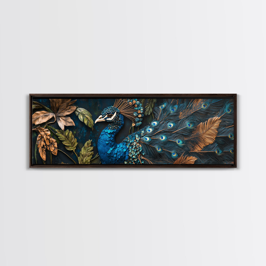 Blue Peacock Framed Canvas Print Chinoiserie Style Mosaic Wall Art Boho Rustic Decor Living Room Feature Art Print