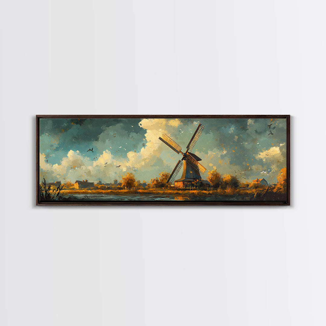 Autumn Windmill Scene Framed Canvas Print - Rustic Fall Farmhouse Art, Moody Living Room Wall Art, Horizontal Panoramic Decor Gift Idea