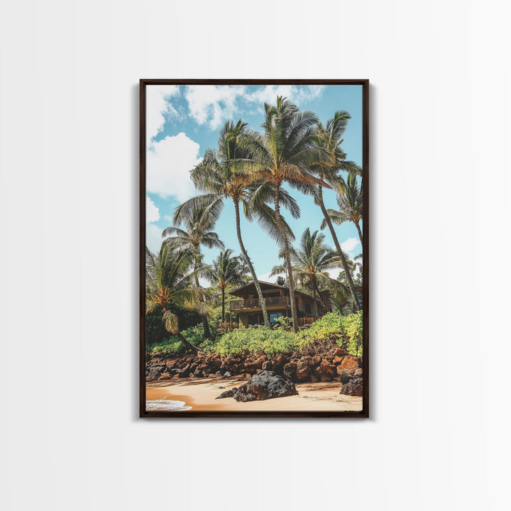 Tropical Beach House Canvas Print – Hawaii Art Coastal Landscape, Rustic Nautical Decor, Seaside Living Room Framed Wall Art