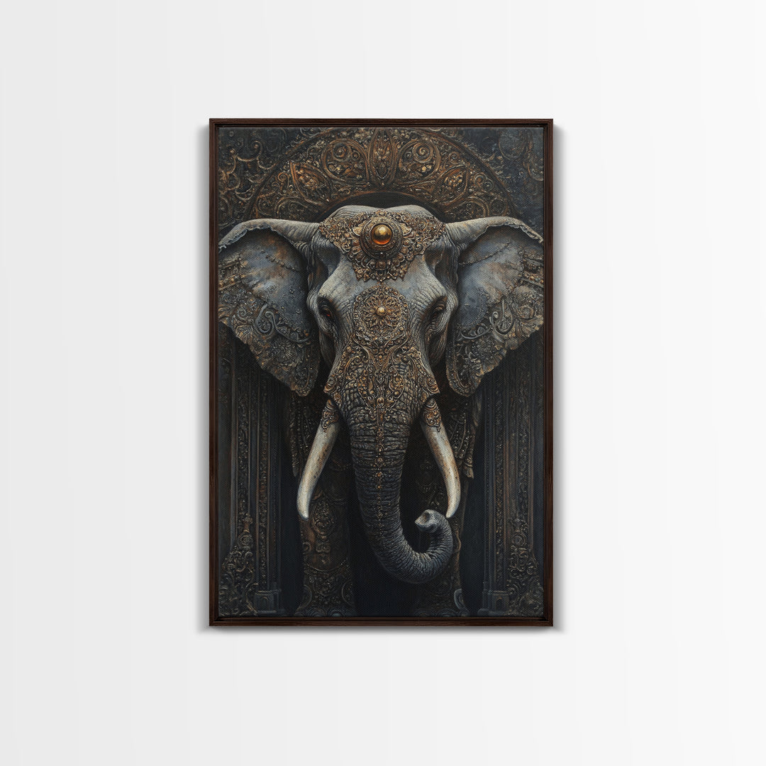 Ornate Elephant Kerala Mural Framed Canvas Print – Ganesh Wall Art, Sacred Geometry Art, Indian Inspired Decor Rustic Living Room Art
