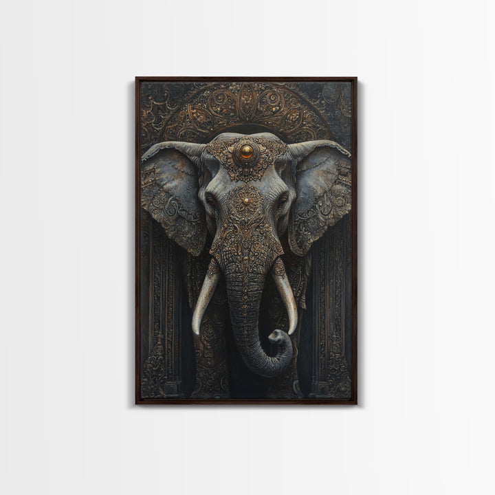Ornate Elephant Kerala Mural Framed Canvas Print – Ganesh Wall Art, Sacred Geometry Art, Indian Inspired Decor Rustic Living Room Art