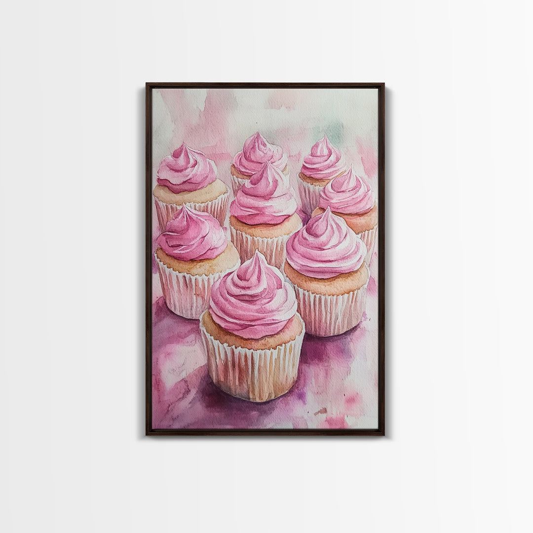 Pink Cupcake Art Canvas Print Kitchen Decor Dessert Illustration Rustic Artwork Food Review Kitchen Art Gift Idea For Her