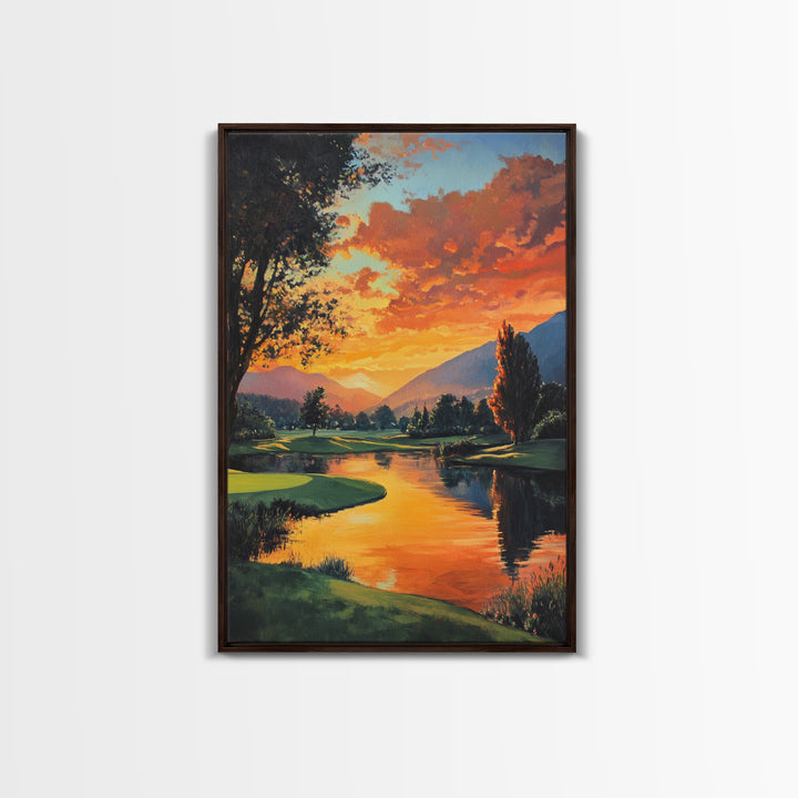 Golden Sunset Golf Framed Canvas Print, Landscape Wall Art, Rustic Horizontal Decor, Living Room Painting, Gift Idea for Him