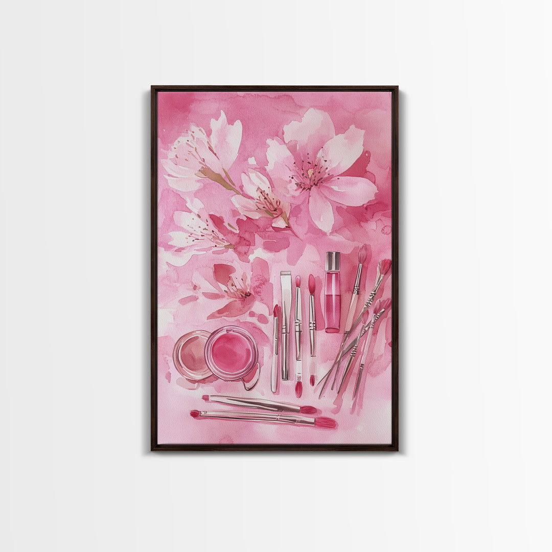 Cherry Blossom Canvas Print Featuring Makeup and Brush Theme Perfect Whimsical and Light Pink Wall Art Bedroom or Bathroom Decor