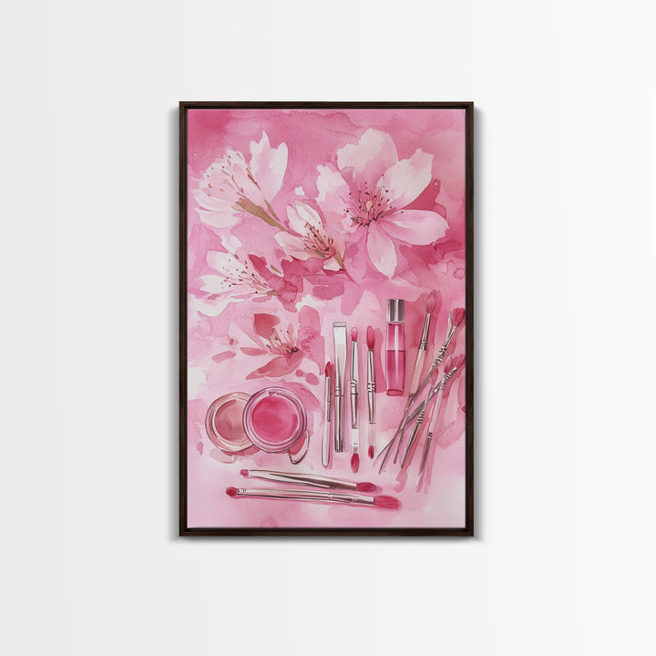 Cherry Blossom Canvas Print Featuring Makeup and Brush Theme Perfect Whimsical and Light Pink Wall Art Bedroom or Bathroom Decor