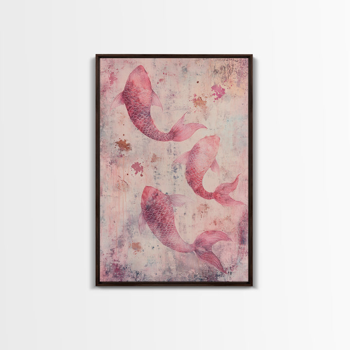 Artistic koi fish painting with framed canvas print, pink abstract art, light pink wall art, gift idea, moody art above bed decor